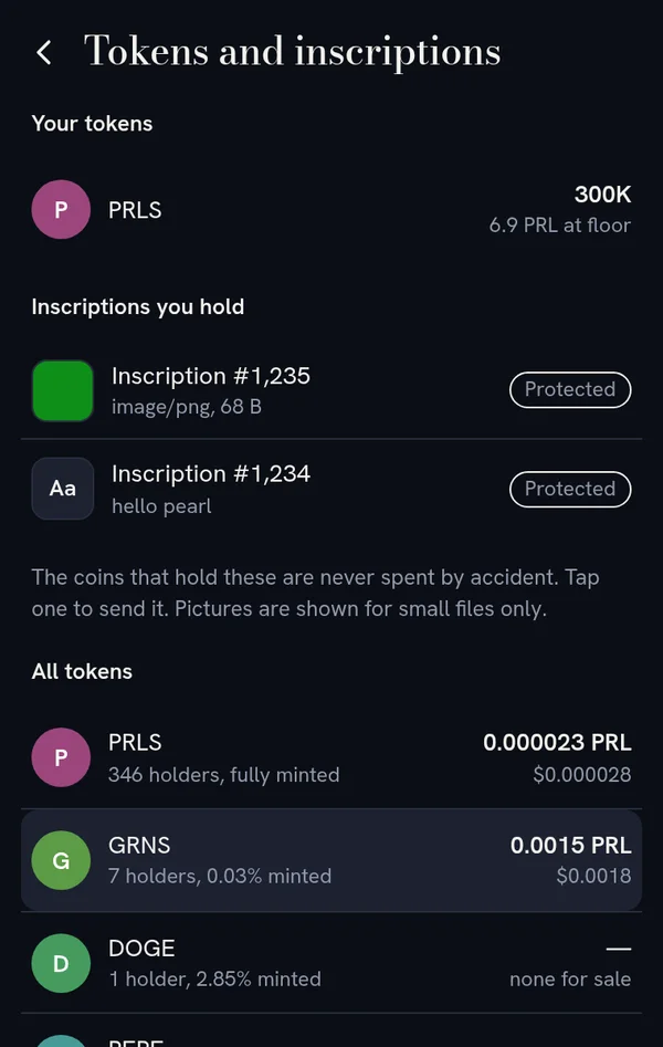 Keshi Tokens & inscriptions screen